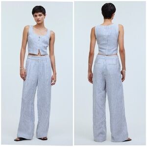 Madewell Set striped Harlow Wide-Leg Pant & Scoopneck Crop Tank 100% Linen 10